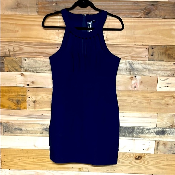 Trixxi size 11 Navy Blue High-neck Bodycon Super Stretchy Form Fitted Mini Dress - Picture 1 of 9